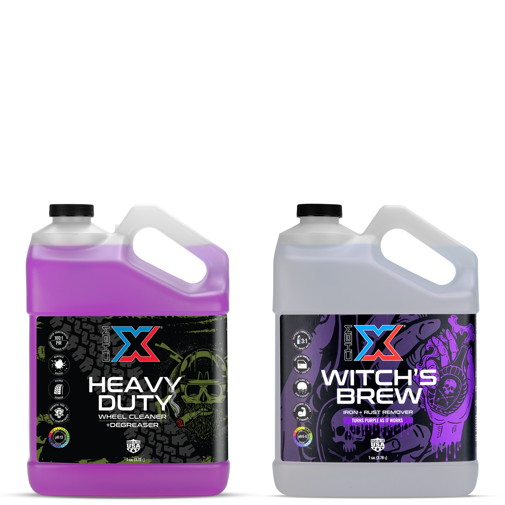 One gallon bottle of purple wheel cleaner and degreaser called 'Heavy Duty' next to a gallon bottle of clear iron and rust remover called 'Witch's Brew' on a white background.